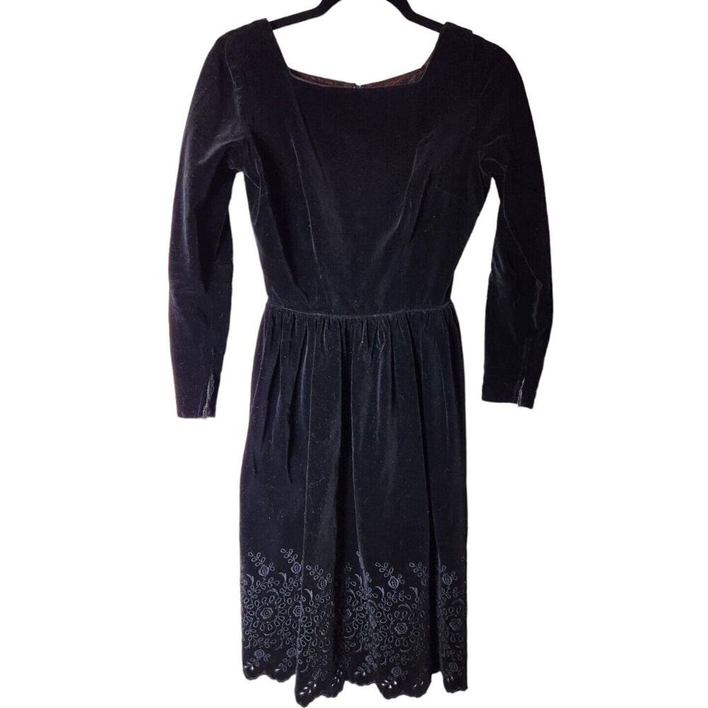 Vintage Jonathan Logan Black Gothic Wednesday Dress 1960s Embroidery Long Sleeve